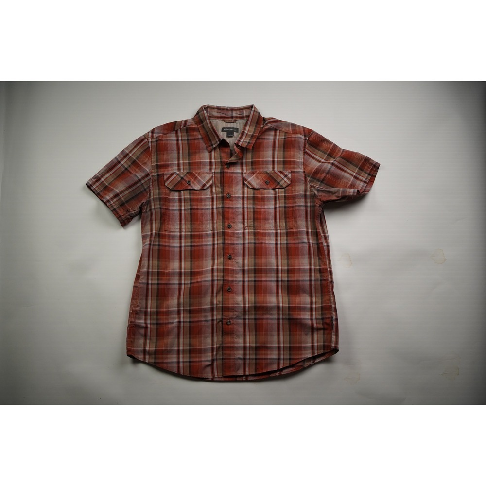 Eddie Bauer Mens Large Orange Plaid Short Sleeve Button Down Hiking Shirt